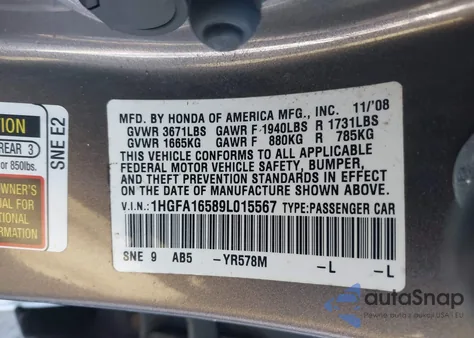 2009 Honda Civic Lx from USA, damaged, VIN 1HGFA16589L015567